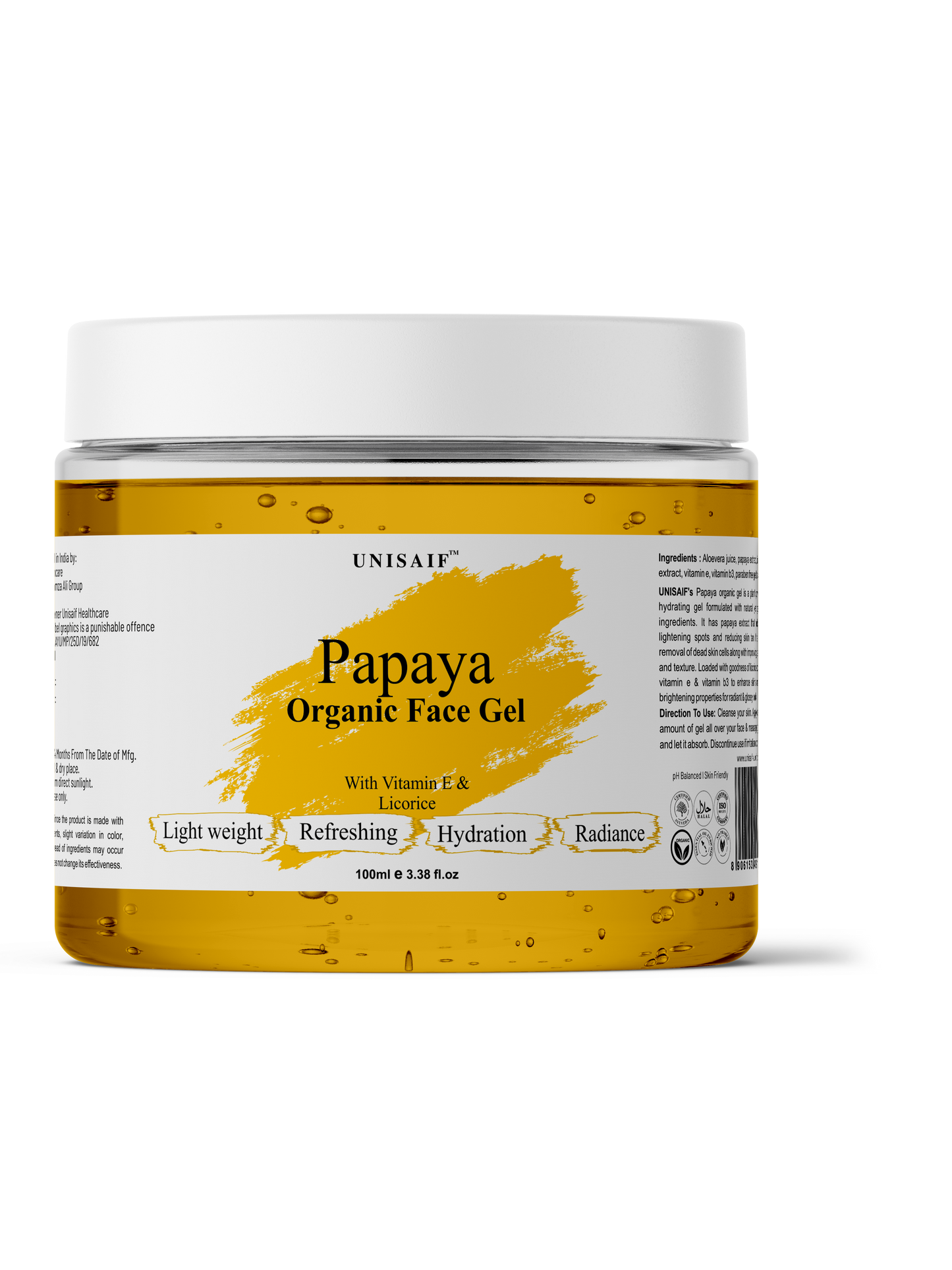 Papaya Organic Facial Gel (100 ml) With Licorice | Hydrating| Light Weight| Refreshing| Radiance| NO PARABEN